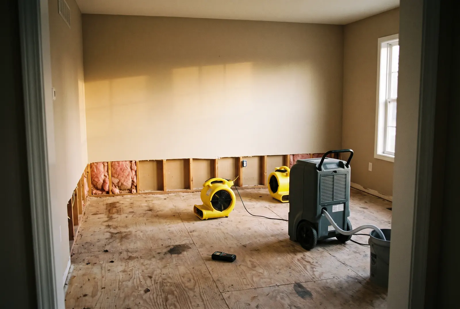 Before: living room with the lower drywall removed in a flood cut, air movers and a dehumidifier running on the bare subfloor