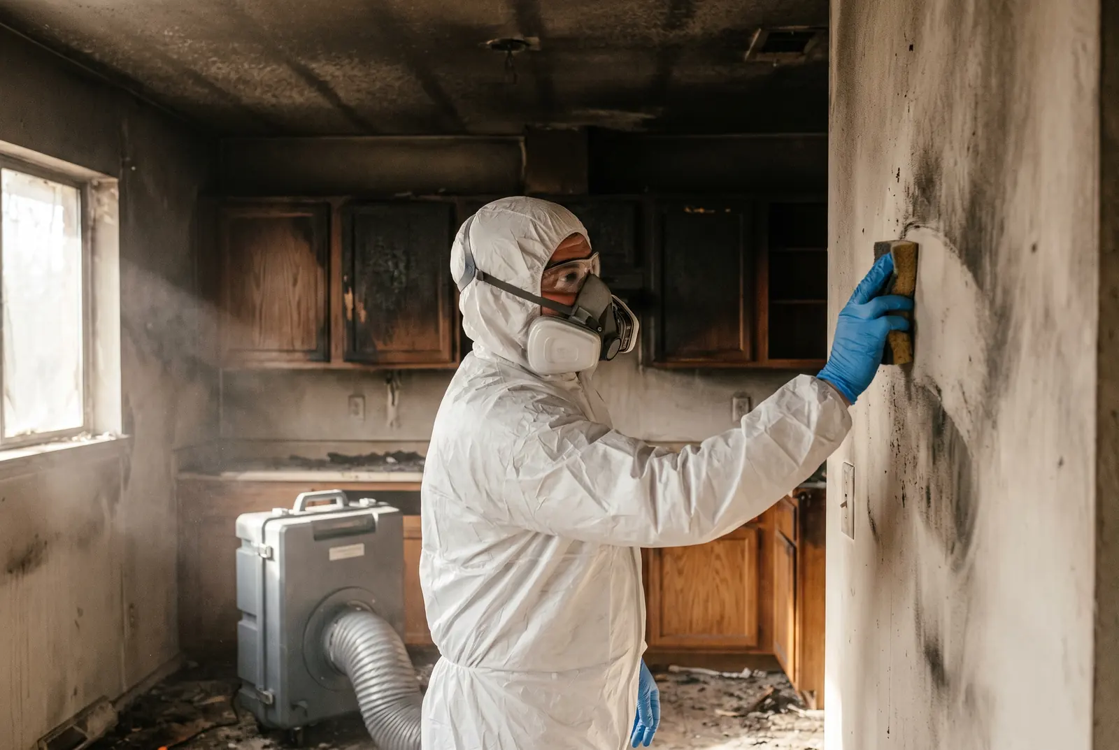 Restoration technician in a respirator and protective suit cleaning heavy soot from a kitchen wall after a fire, with an air scrubber running