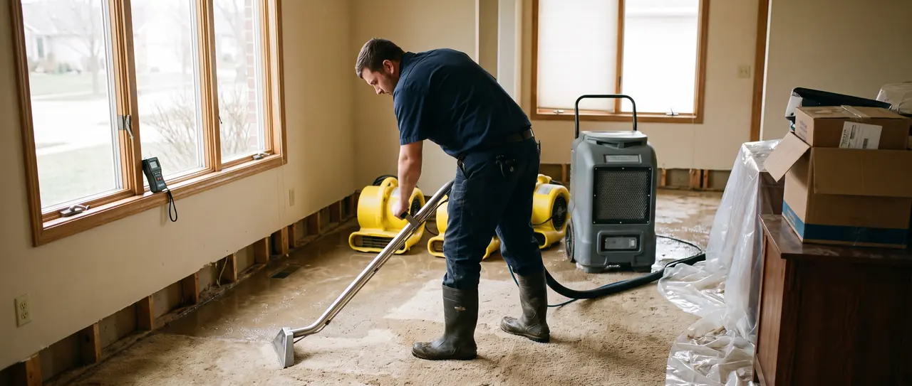 Restoration technician extracting water from a flooded living room while air movers and a dehumidifier run behind him
