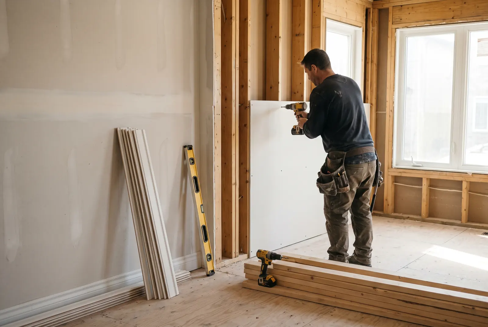Carpenter fastening a new sheet of drywall to exposed studs in a bright room during reconstruction, with new baseboards stacked on the subfloor